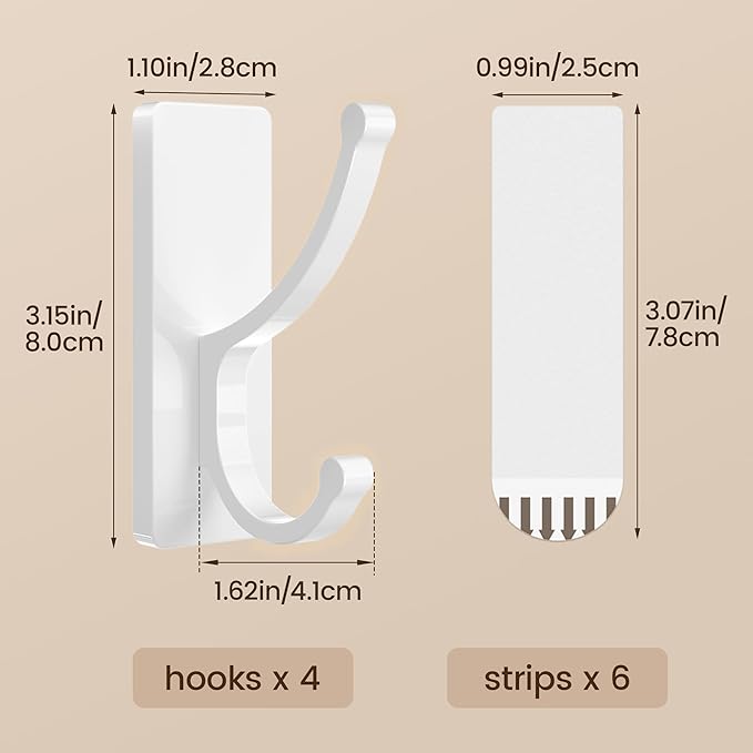 pickpiff Adhesive Wall Hooks with Strip - No Residue, Easy to Remove, Strong Heavy Duty Sticky Towel Hook, 4 Pack White