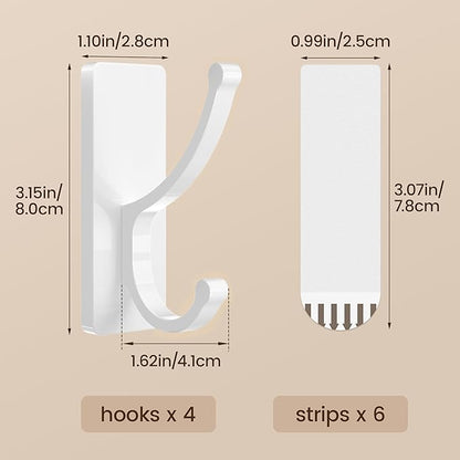 pickpiff Adhesive Wall Hooks with Strip - No Residue, Easy to Remove, Strong Heavy Duty Sticky Towel Hook, 4 Pack White