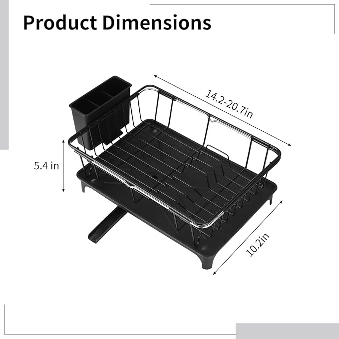 Expandable Dish Drying Rack, Carbon Steel Dish Rack with Drain Board and Utensil Holder, Extendable 14.2-20.7 in Drainer with Swivel Spout for Kitchen Counter