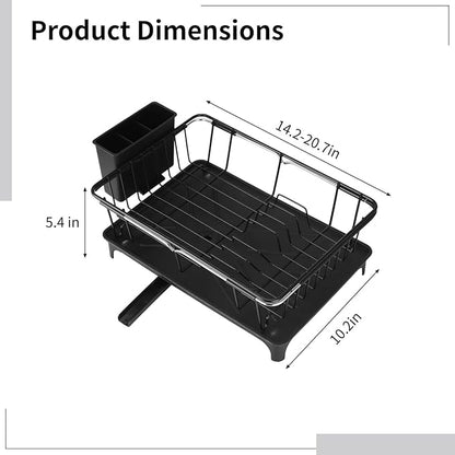 Expandable Dish Drying Rack, Carbon Steel Dish Rack with Drain Board and Utensil Holder, Extendable 14.2-20.7 in Drainer with Swivel Spout for Kitchen Counter