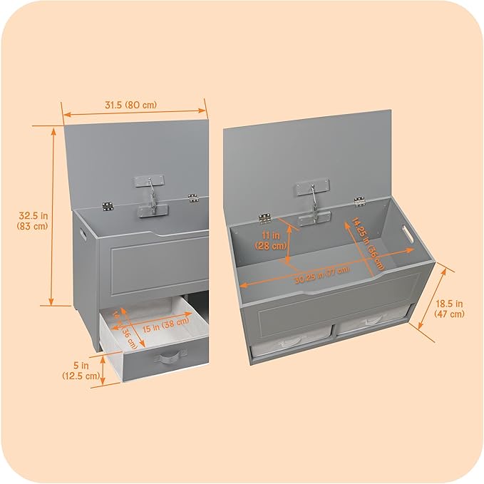 Badger Basket Toy Box and Storage Bench - Chest and Seat Combo with 2 Reversible Baskets, Safety Hinge Lid - Kids Toy Organizer for Playroom or Bedroom - Gray