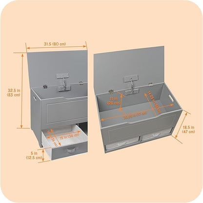 Badger Basket Toy Box and Storage Bench - Chest and Seat Combo with 2 Reversible Baskets, Safety Hinge Lid - Kids Toy Organizer for Playroom or Bedroom - Gray