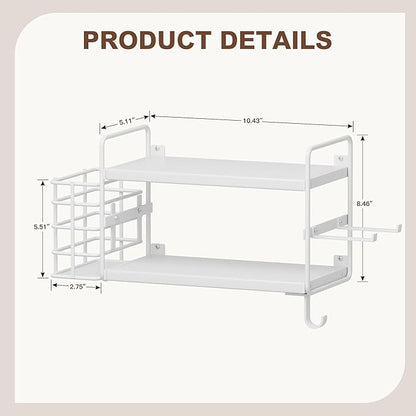 3-in-1 Wall Mounted Hair Dryer Holder with 2 Tier Shelves & Detachable Basket, Space Saving Organizer for Bathroom, Kitchen, Bedroom, Rust-Resistant, Easy Install (White)