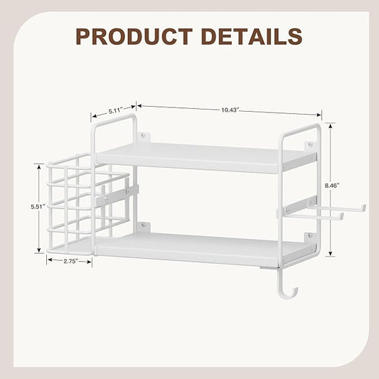 3-in-1 Wall Mounted Hair Dryer Holder with 2 Tier Shelves & Detachable Basket, Space Saving Organizer for Bathroom, Kitchen, Bedroom, Rust-Resistant, Easy Install (White)