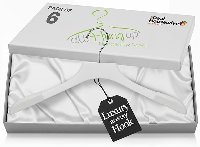 All Hung Up Hangers - Premium Luxe Wooden Hangers for Women, Wide Shoulder Design for Dresses, Skirts, Sweaters & Blouses, Heavy Duty with Velvet Grip, White with White Velvet, 6 pcs