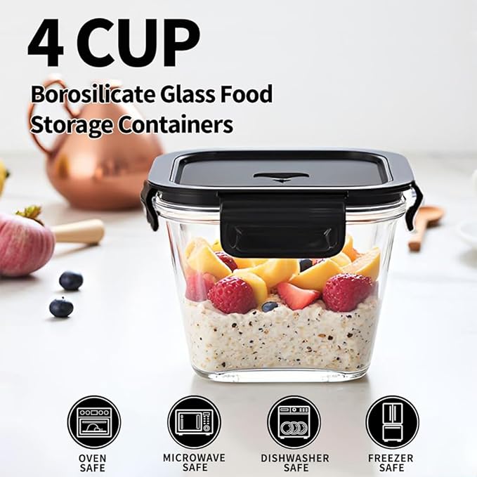 H.JSS WDJS 4 Cup Square Borosilicate Glass Food Storage Containers, 32oz Tall Glass Soup Containers with Lids, Large Square Meal Prep Bowl for Food, Salad, Lunch, Deli, Microwave, Freezer Saf (4Pack)