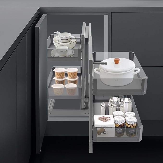 QIANMOON Kitchen Corner Cabinet Pull Out, Magic Corner Pull Out Open, 2 Tiers Swing Tray, Blind Corner Soft Close, for Place Pots and Pans, Containers, Spice Jars