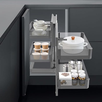 QIANMOON Kitchen Corner Cabinet Pull Out, Magic Corner Pull Out Open, 2 Tiers Swing Tray, Blind Corner Soft Close, for Place Pots and Pans, Containers, Spice Jars