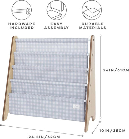 3 Sprouts Recycled Fabric Kids Bookshelf – 4-Tier Sling Book Rack Organizer - Nursery Room Playroom Classroom Wooden Book Shelves - Kid Bookcase Wood Storage Shelf for Toddler Age 3+ - Gingham Blue