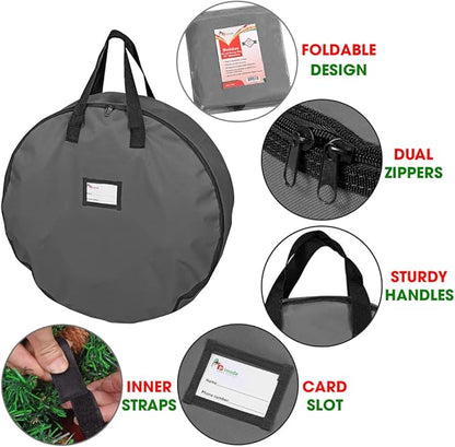 Primode Heavy Duty Christmas Wreath Storage Bag 24"- Garland Wreaths Container with Handles - Durable 600D Oxford Polyester Material Holiday Wreaths Storage Holder (24", Gray)