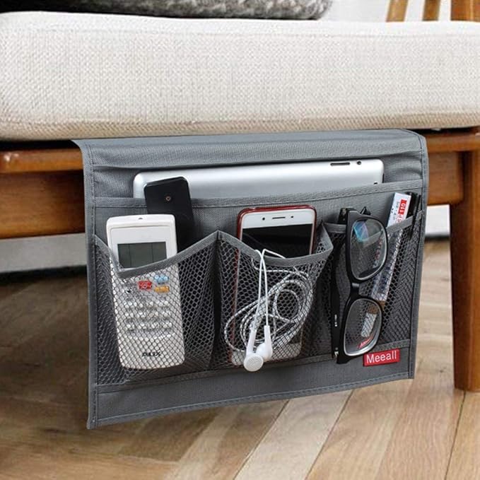 Meeall Bedside Storage Organizer with Pockets, Bedside Caddy, Table Cabinet Storage Organizer, TV Remote Control, Phones, Magazines, Tablets, Accessories, Grey