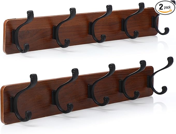 TORZCT 2PCS Coat Rack Wall Mount Coat Hooks Coat Hanger with 5 Hooks 2 Installation Over Door Hooks Wood Plank Hat Rack for Wall Hooks Hanging Coat Hat Jacketgt Mudroom Bathroom Entryway-Black