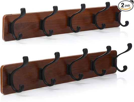 TORZCT 2PCS Coat Rack Wall Mount Coat Hooks Coat Hanger with 5 Hooks 2 Installation Over Door Hooks Wood Plank Hat Rack for Wall Hooks Hanging Coat Hat Jacketgt Mudroom Bathroom Entryway-Black