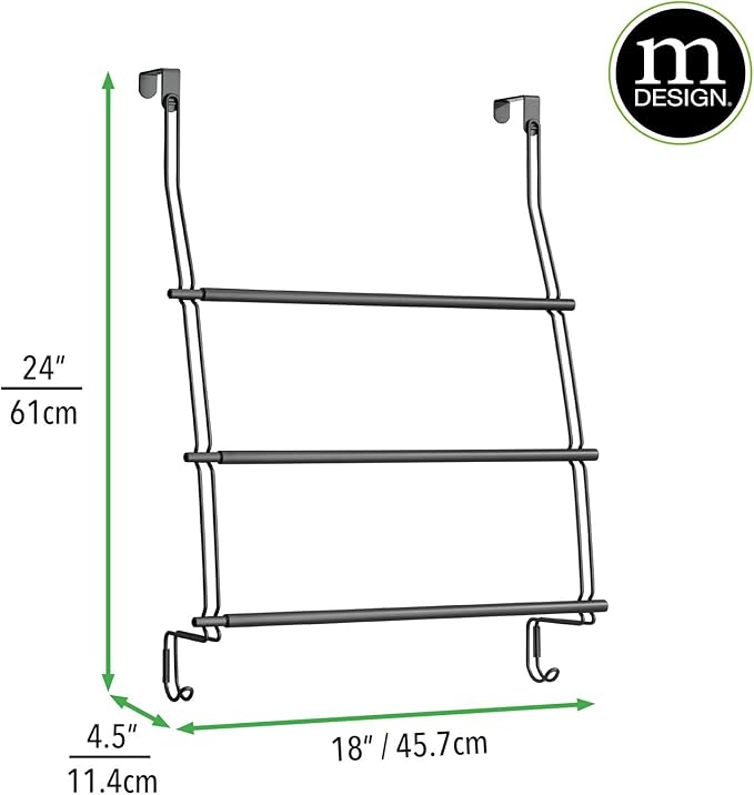 mDesign Expandable Metal Over Shower Door Towel Rack for Bathroom - 3-Tier Organizer with 2 Large Hooks - Holder for Hand/Bath Towels, Washcloths, Loofahs, Sponges - Trinity Collection - Matte Black