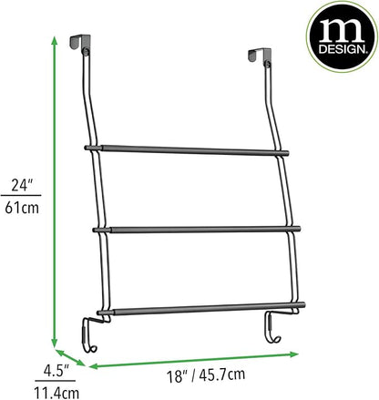 mDesign Expandable Metal Over Shower Door Towel Rack for Bathroom - 3-Tier Organizer with 2 Large Hooks - Holder for Hand/Bath Towels, Washcloths, Loofahs, Sponges - Trinity Collection - Matte Black