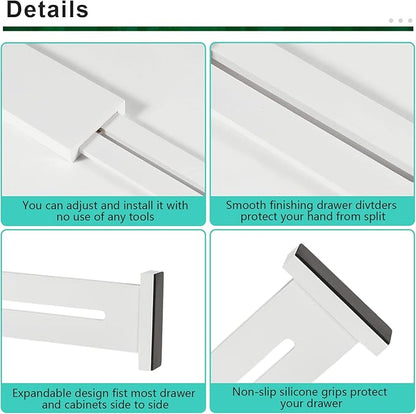 4 Pack Bamboo Drawer Dividers 2.6" High, Adjustable Length from 12 Inch to 17 Inch, Expandable Kitchen Drawer Organizer Separators for Clothes, Kitchen, Bedroom, Dresser, Office (White)