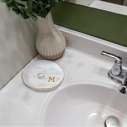 VINCOMIC Initials Ring Dish Jewery Tray with personalized N-Monogrammed Gifts Wedding Engagement for Women Friends sister,Ceramic White