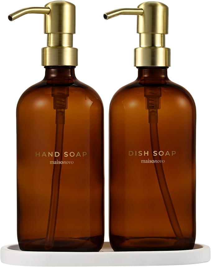 MaisoNovo Soap Dispenser 3-Piece Set | 16.9oz Amber Bottles with Gold Stainless Steel Pump Core