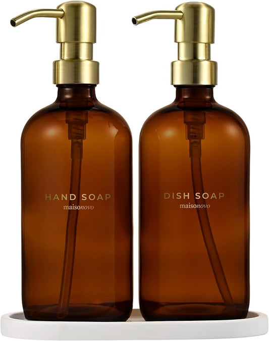 MaisoNovo Soap Dispenser 3-Piece Set | 16.9oz Amber Bottles with Gold Stainless Steel Pump Core