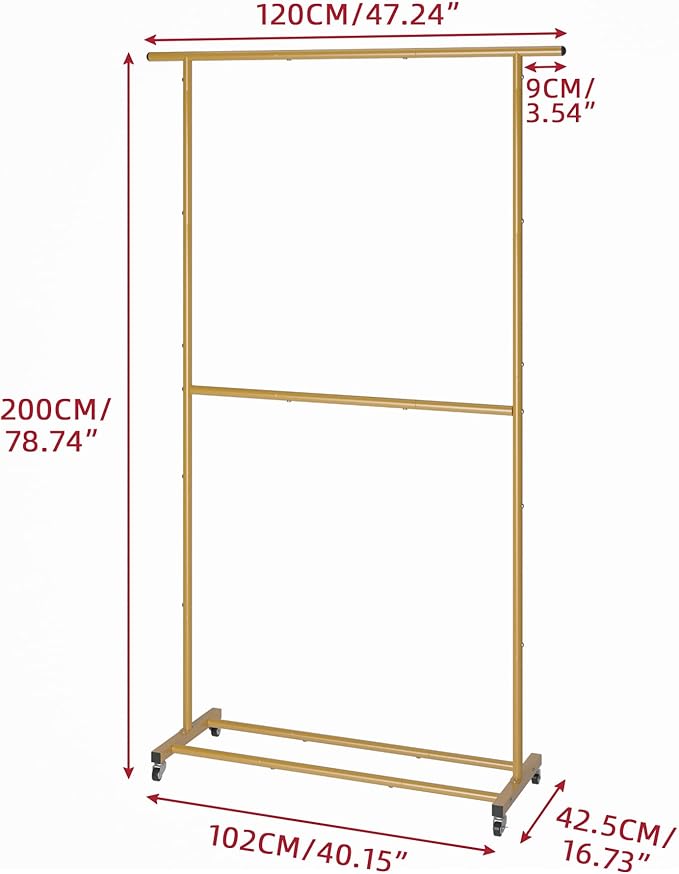Sywhitta Double Rod Clothing Garment Rack, Rolling Clothes Organizer on Wheels for Hanging Clothes, Easy to Assemble, Adjustable, Gold
