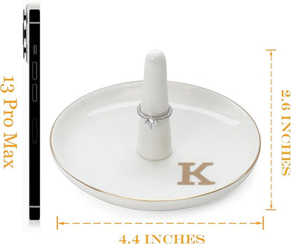 HOME SMILE Initials Ring Holder Jewery Tray with personalized K-Monogrammed Engagement Gifts for Friends,Birthday Mother's Day Christmas Gifts for Women,Ceramic White