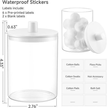 TIPGO Glass Qtip Holder Dispenser for Bathroom - 10 oz Clear Canister Apothecary Jar for Cotton Swabs, Balls, Pads, Floss Picks, Small Containers for Makeup Storage Organizer (2 Pack, White)