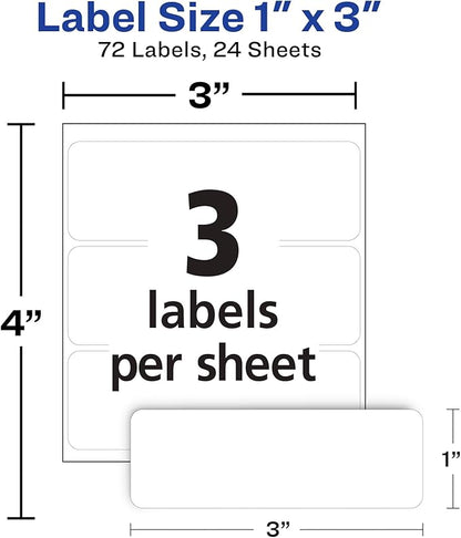 Avery Multi-Use Removable Labels, 1" x 3", White, Non-Printable, 72 Blank Labels Total (6728)