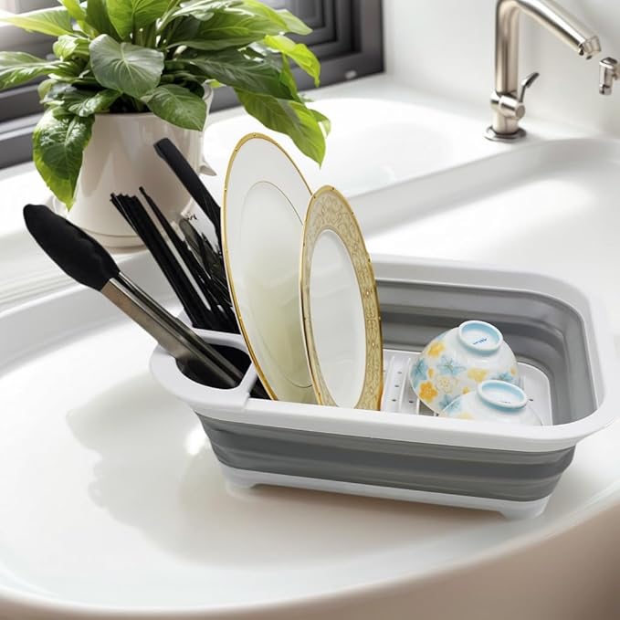 SAMMART Collapsible Dish Drainer - Foldable Drying Rack Set - Portable Dinnerware Organizer - Space Saving Kitchen Utensil Storage Tray (2, Grey + Lake Green (Set of 2))