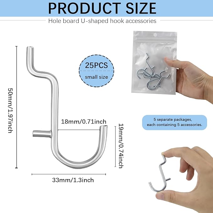 25Pcs J Style pegboard Hooks Stainless Steel Metal Pegboard Hooks Peg Board Wall Display Accessories for Jewelry Organizer Hanging Tools (Small)