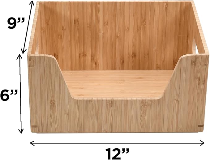 MobileVision Bamboo Storage Box with Open Front Stackable Bin Organizer to use in kitchen pantries, cabinets and countertops, 12 x 9 x 6 inches