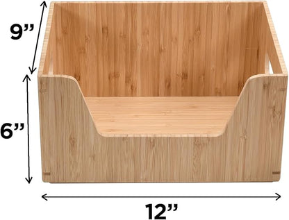 MobileVision Bamboo Storage Box with Open Front Stackable Bin Organizer to use in kitchen pantries, cabinets and countertops, 12 x 9 x 6 inches