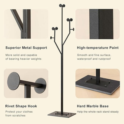 Freestanding Coat Rack Tree-shaped Metal Coat Tree with Heavy Duty Marble Base Corner Clothing Rack for Bedroom Entryway Hallway 14.96 x 10.24 x 68.9 Inches (Black)