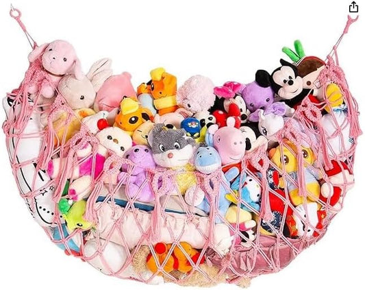 Yecaye 60 IN Stuffed Animal Net Hammock Large, Hanging Stuffed Animal Storage with Handmade Macrame Tassels, Net for Stuffed Animals Corner Large for Nursery Living Room Wall Decoration, Fairy Pink