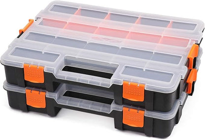 Makitoyo Tool Box Organizers, Interlocking Black Small Parts Organizer for Fasteners, Parts and Crafts w/Removable Dividers, 2 Pieces Pack, Black & Orange,15”L×11.6”W×2.6”H