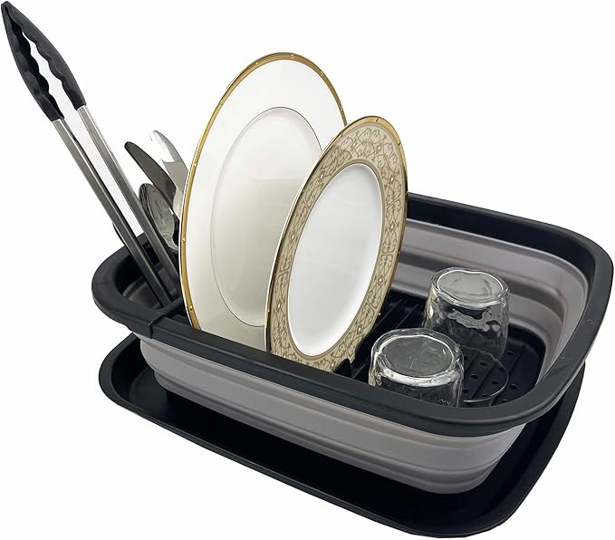 SAMMART 8L (2.11Gallons) Collapsible Plastic Dish Drainer with Drainer Board - Foldable Drying Rack Set - Portable Dinnerware Organizer - Space Saving Kitchen Utensil Storage Tray (Black/Alloy Grey)