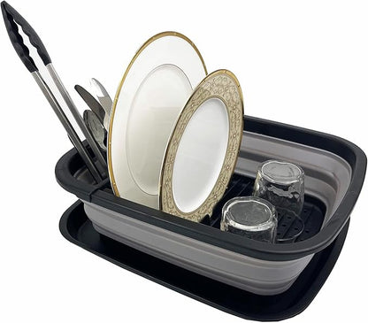 SAMMART 8L (2.11Gallons) Collapsible Plastic Dish Drainer with Drainer Board - Foldable Drying Rack Set - Portable Dinnerware Organizer - Space Saving Kitchen Utensil Storage Tray (Black/Alloy Grey)