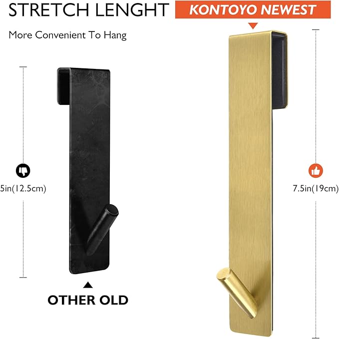 Kontoyo Shower Door Hooks (4 Pcs), 304 Stainless Steel, 7.5x1.18in, Gold, Frameless Glass Door Towel Storage, Lightweight, Heavy Duty, Rust Resistant, Removable, Non Slip