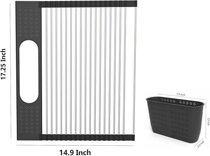 Roll Up Dish Drying Rack Over Sink, 17.5" x 15.2" Foldable SUS304 Stainless Steel Kitchen Dish Drainer, Heat-Resistant Multipurpose Rolling Sink Rack Organizer,Black