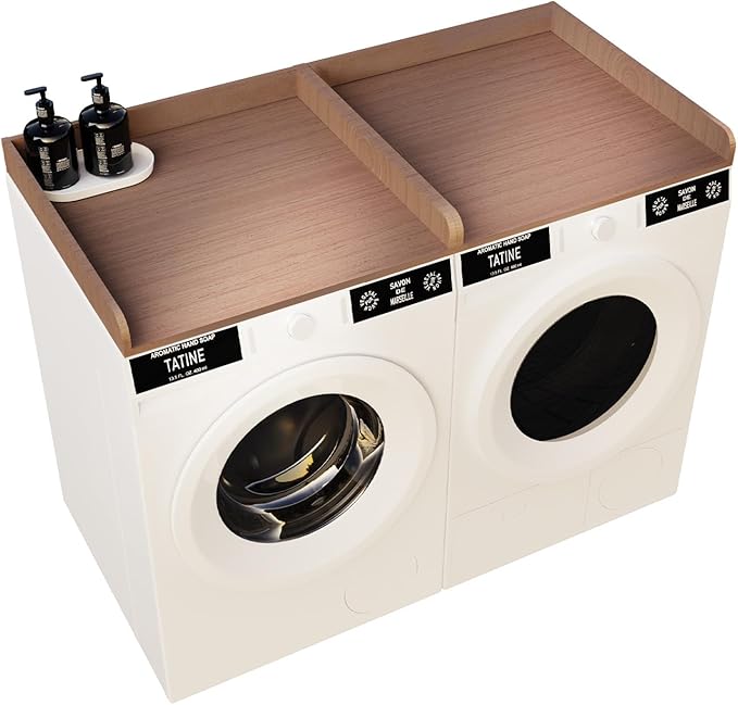 Washer Dryer Countertop with Shelf, 54" x 27" Wooden Laundry Countertop with 2 Hooks & Non-Slip Pads, Washer and Dryer Covers for The Top (Rustic Brown)
