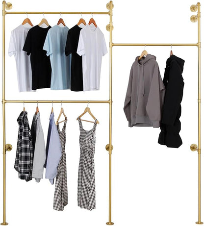 Modern Simple Industrial Pipe Double Hanging Rods Clothing Rack, Clothes Rack Wall Mounted Heavy Duty Hanging Clothes Rack, Detachable Garment Bar 93.7X84inch (Gold)