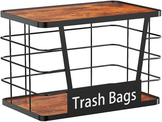 Three colors Trash Bag Holder, Stackable Trash Bag Dispenser with Rustic Wood, Garbage Bag Dispenser Under Sink Organizer for Kitchen Laundry, Adhesive Wall Mount or Countertop,1 Pack