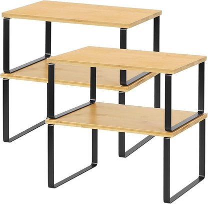 NEX Kitchen Cabinet and Counter Shelf Organizer, Stackable & Expandable, Set of 4, Black and Natural