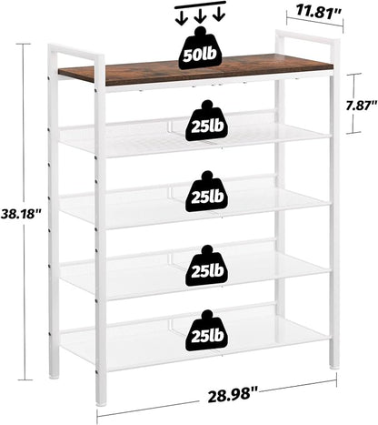 Shoe Rack for Front Door Entrance, 5 Tier Shoe Rack for Entryway, 16-20 Pairs of Shoes, Metal Shoe Racks Organizer, Free Standing Shoe Racks for Closet, Garage, Outdoor (White+Beige)