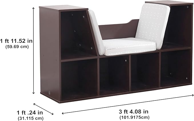 KidKraft Wooden Bookcase with Reading Nook, Six Shelves and Gray Cushion - Espresso