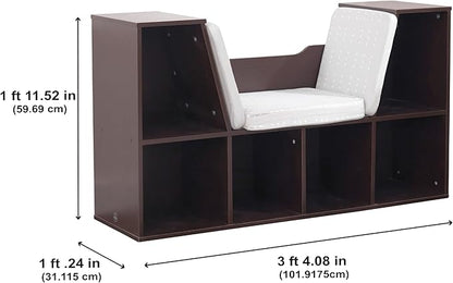KidKraft Wooden Bookcase with Reading Nook, Six Shelves and Gray Cushion - Espresso