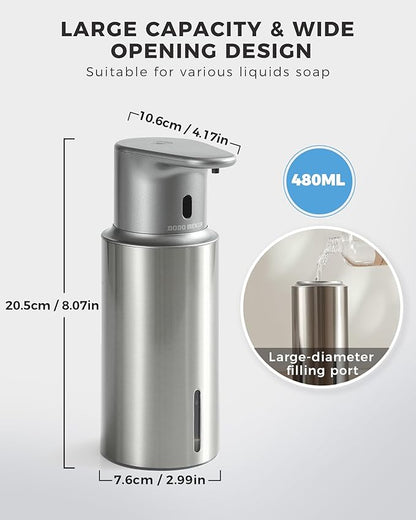 DODO MEKIA Automatic Foaming Soap Dispenser Touchless, 304 Stainless Steel Bottle Body &16.2oz/480ml Rechargeable, 3 Adjustable Liquid Levels, IPX7 Waterproof, for Kitchen Bathroom, Stainless Steel