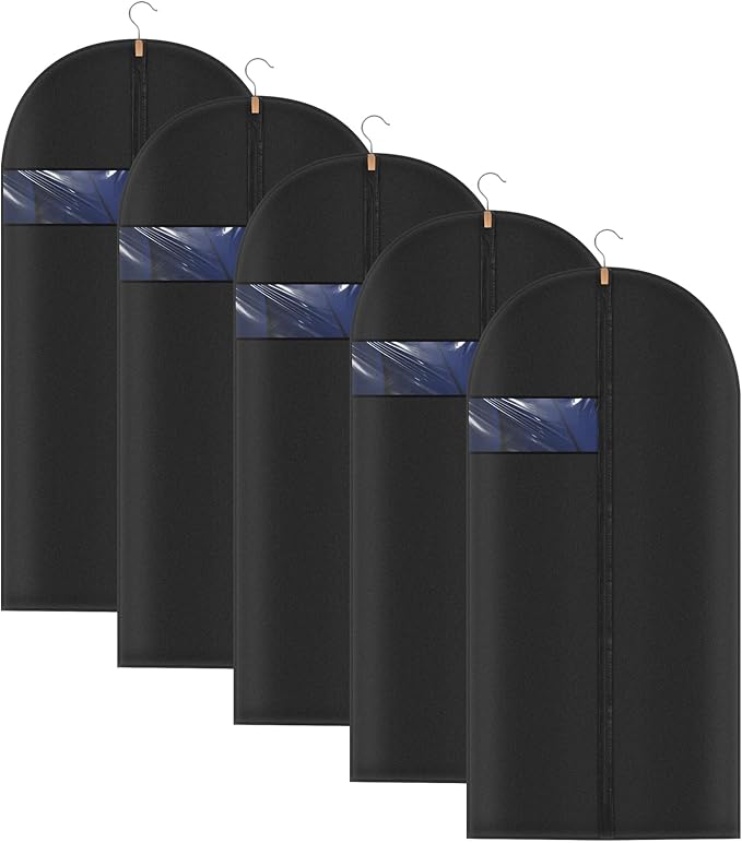 Garment Bags Suit Bags 24 x 47 Inch Garment for Hanging Clothes, Black Cover with Clear Window for Closet Storage（5 Packs）
