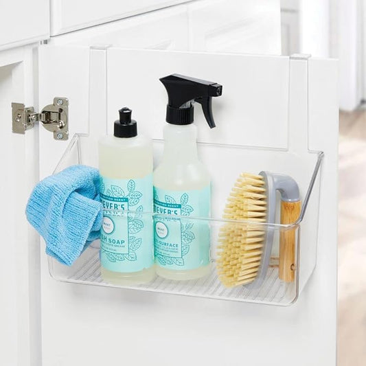 mDesign Plastic Over Cabinet Door Storage Organizer Bin for Kitchen, Pantry, Bathroom, Laundry, Utility Room - Hang Outside or Inside Door - Holds Lunch Bags, Shampoo, Cleaning Supplies, Large - Clear