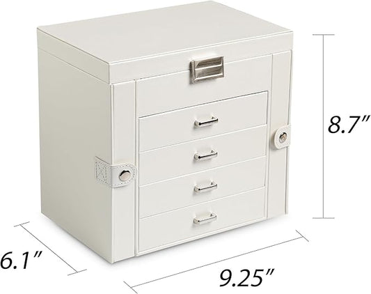 Frebeauty 5-layer Jewelry Box,Faux Leather Jewelry Organizer with 4 Drawers,Jewelry Organizers and Storage with Mirror,Jewelry Holder Organizer for Necklace,Jewerly Boxes for Women Girls(White)