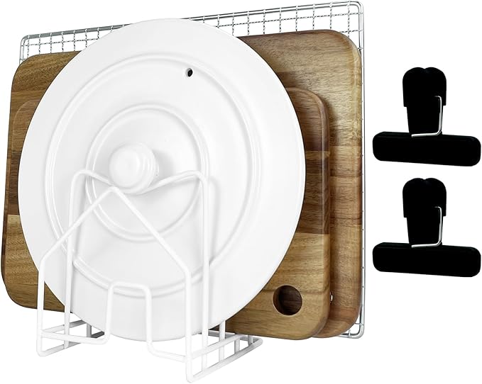 Cutting Board Holder Pot Lid Organizer W 2 Chip Bag Clips 304 Stainless Steel Pan Organizer Under Cabinet Inside Cabinet Pot Cover Cookie Sheet Bakeware Serving Tray Cooling Rack Stand Kitchen White
